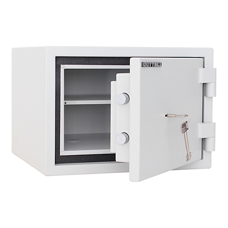 White safe, partially open, with keys. Two shelves inside.