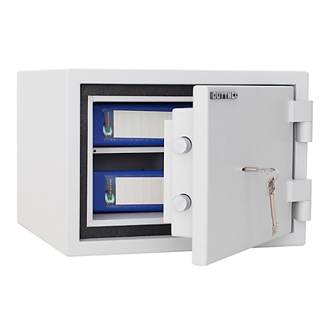 White safe with the door open, showing blue folders inside.