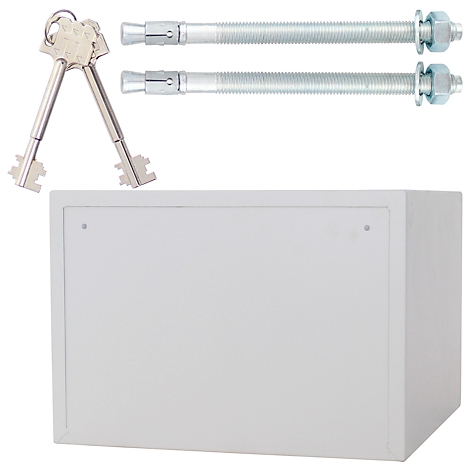 White safe with two keys and mounting hardware.