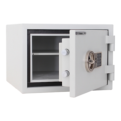 A white safe, the door is open. You can see the combination and the interior with two shelves.