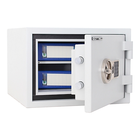 Open white safe with two blue files inside. The lock is silver, the door is open.