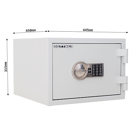 White safe with numeric keypad and handle. Dimensions 450mm x 445mm x 315mm.