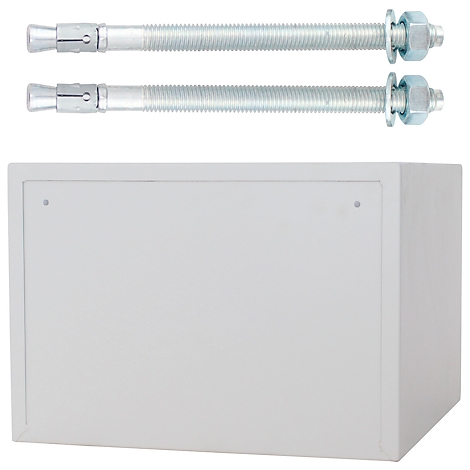 White safe with two bolts and nuts. The safe has a rectangular shape.