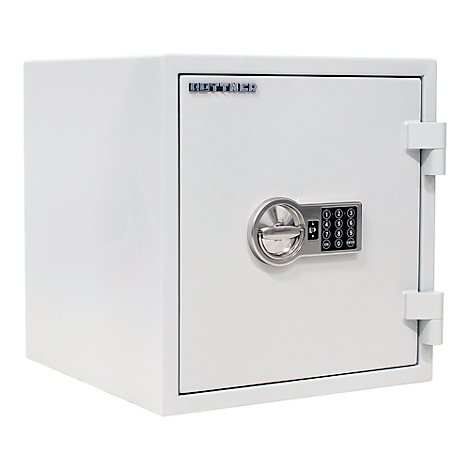 White safe with keypad, open door hinges and "BEST PRICE" logo.