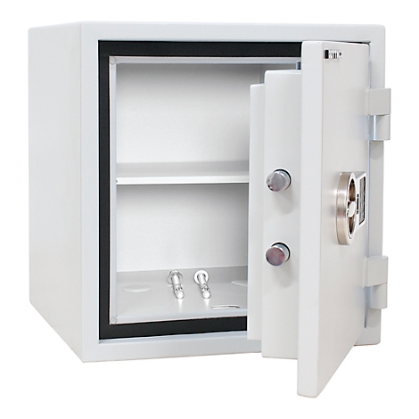 White, open safe with silver knobs and a shelf inside.