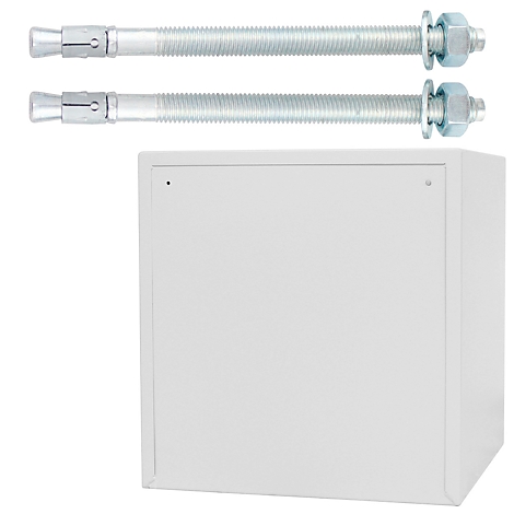 Two anchor bolts with nuts and a white box against a white background.