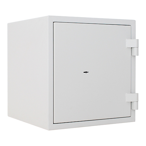 White safe, square, door with lock and hinges.