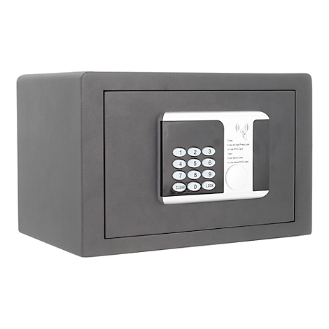 Gray safe with number code and digital control panel. Details such as buttons and display recognizable.