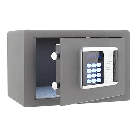 Grey safe, door open, with number keys. The code "123456" is visible on the display.
