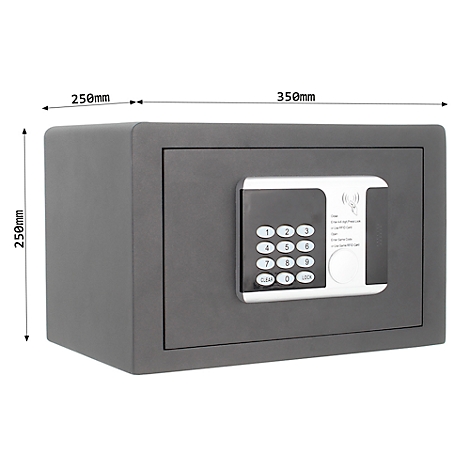 Grey safe with keypad, dimensions, and markings. The safe is equipped with a digital lock.
