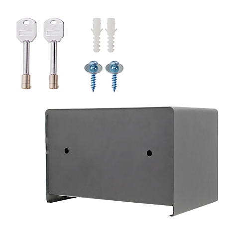 Grey wall safe with two keys, dowels, and screws.
