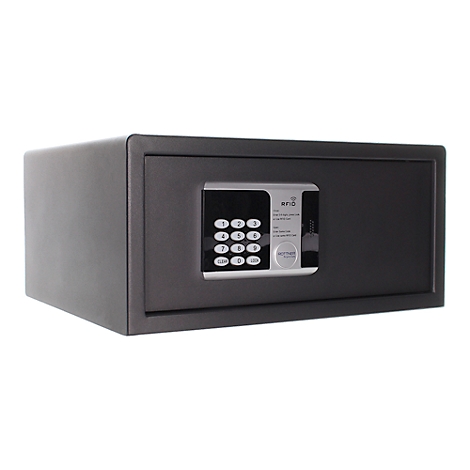 A gray safe with number buttons. The door has a digital control panel.