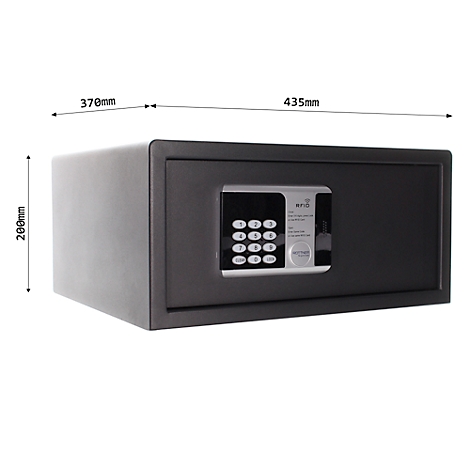 Black safe with number code and dimensions in mm.