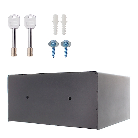 Black safe with keys, screws and dowels. The accessories are arranged on the top edge of the safe.
