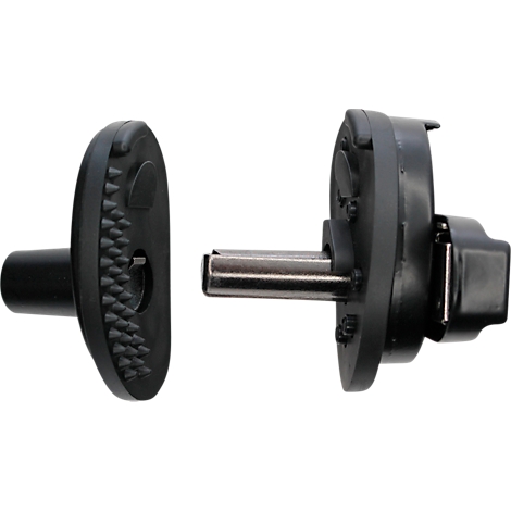 Twee zwarte plastic onderdelen verbonden door een metalen pin. Aan één kant noppen om de grip te verbeteren.