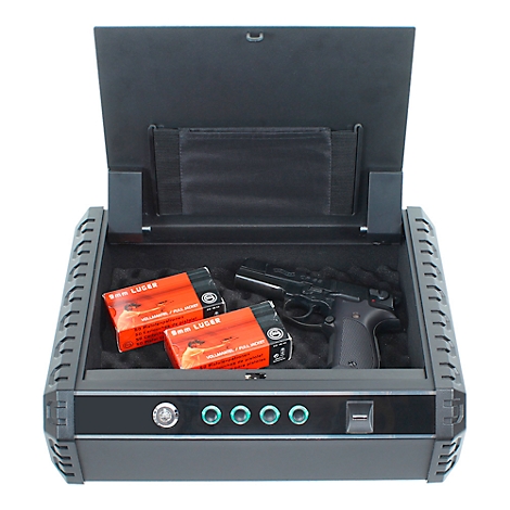 Open black pistol safe with pistol, ammunition and four buttons.