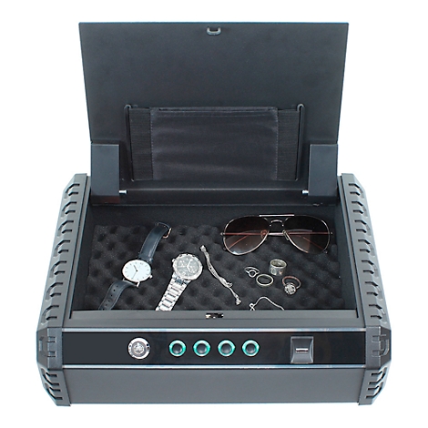 Open black safe with jewelry, sunglasses, and watches. The safe has a modern design with blue LED buttons and a fingerprint sensor.