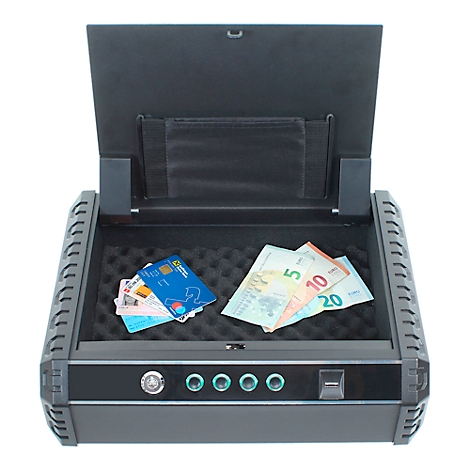 Open black money safe with money, cards and open lid. There are buttons and a switch on the edge.