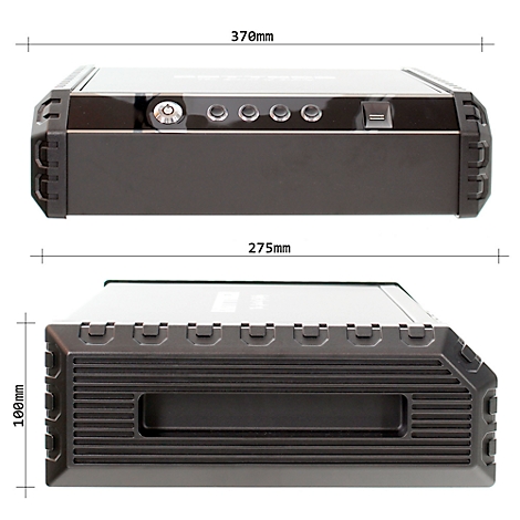 Top and side view of a black box with dimensions. Top: 370mm wide, bottom: 100mm high. Details: buttons, lock.