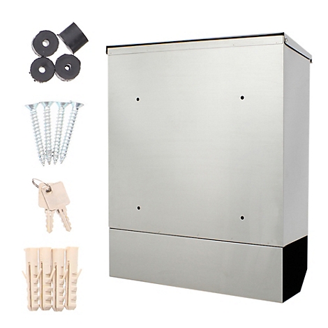 Zilveren brievenbus met accessoires zoals schroeven, pluggen en sleutels.