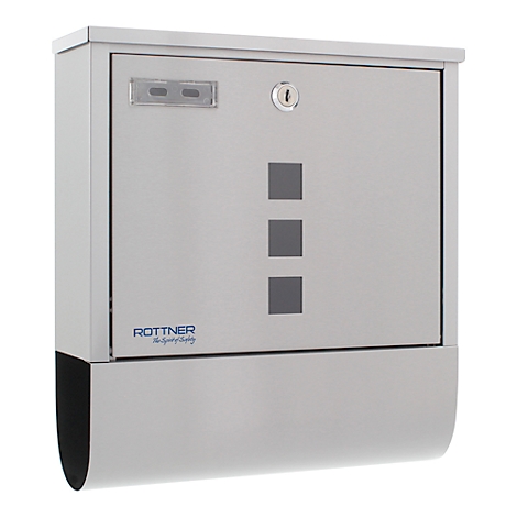 Silver mailbox against a white background. On the front, there are 3 gray squares and a keyhole.