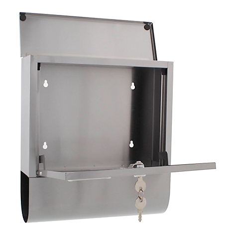 Grey, open wall mailbox, flap is open, two keys hanging.