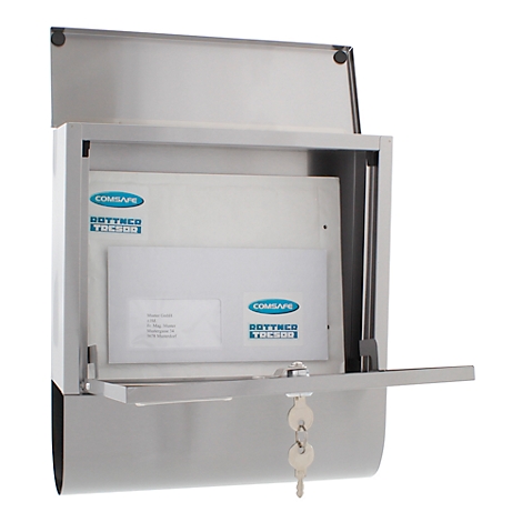Silver mailbox with open flap. Letters and logos visible on envelopes. Keys hanging from the lock.