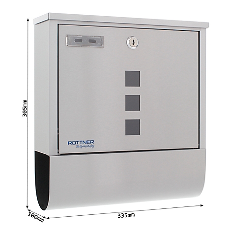 Grey wall-mounted mailbox with nameplate, lock, and three square elements. Rottner logo.