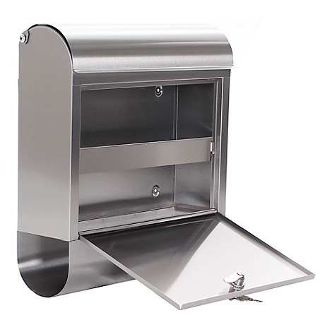 Open, silver metal mailbox with open door, with key. Inner compartment and shelf.