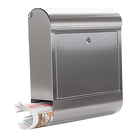 Stainless steel mailbox with integrated newspaper compartment; a newspaper is in the compartment.