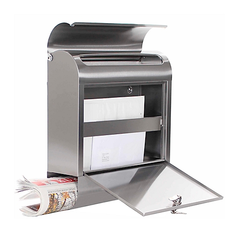 Modern stainless steel mailbox with an open compartment, magazine and letters. The door is open, contents visible.
