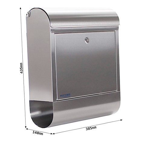 Stainless steel mailbox with rounded flap, lock and dimensions. 435mm high, 385mm wide and 140mm deep.
