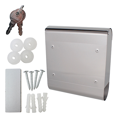 Metal paper towel dispenser with accessories, including keys, screws, dowels, and washers.