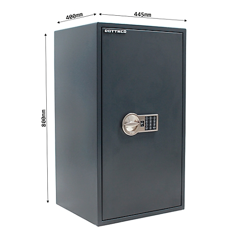 Grauer Tresor mit Zahlenschloss und Angabe der Masse: 400mm x 445mm x 800mm.