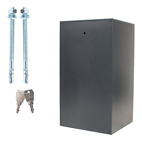 Dunkelgrauer Metallschrank mit zwei Schlüsseln und Befestigungsmaterial.