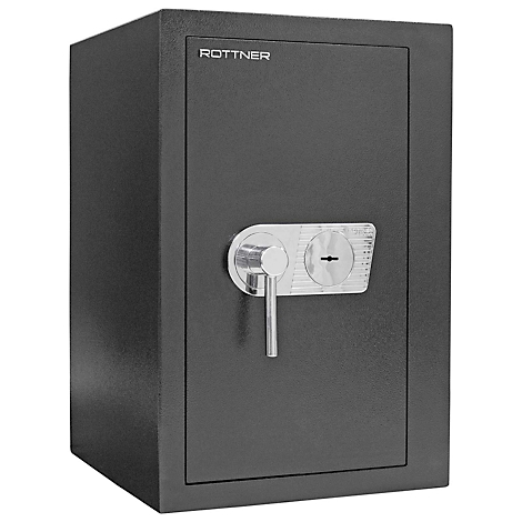 Black safe with silver handle and keyhole, brand ROTNER.