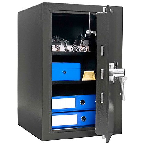 A black safe with an open door, inside are jewelry, blue folders, and a chest.