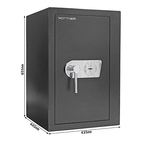 Dark gray safe with silver handle and keyhole, size specifications in the image.