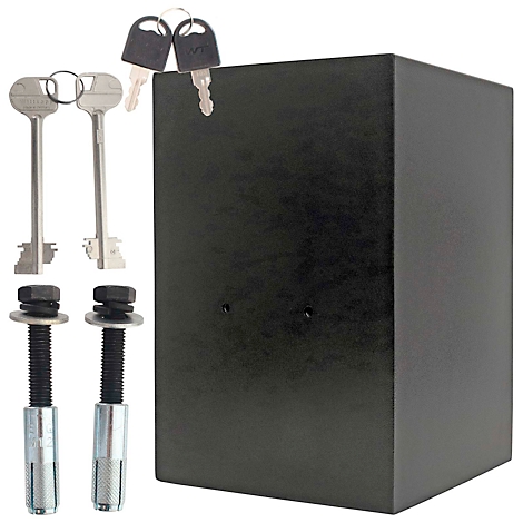 Black safe with keys and mounting hardware. Two keys are inserted into the safe, next to them are two more keys. Below, two screws.