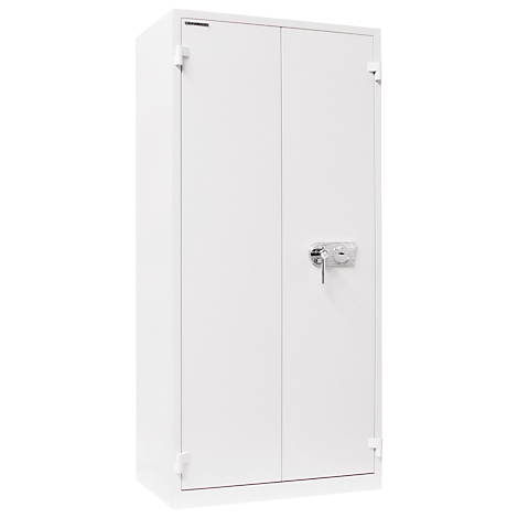 White steel cabinet with two doors and a key lock. The cabinet stands against a white background.