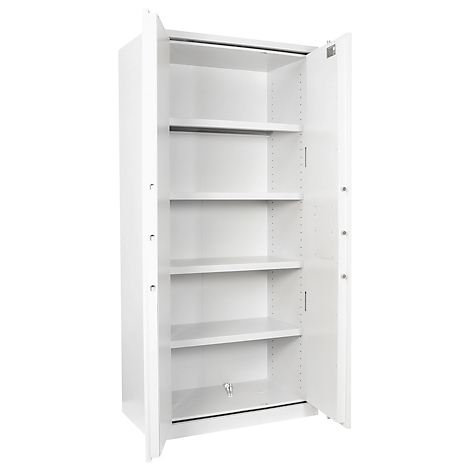 White cabinet with open doors, five shelves.