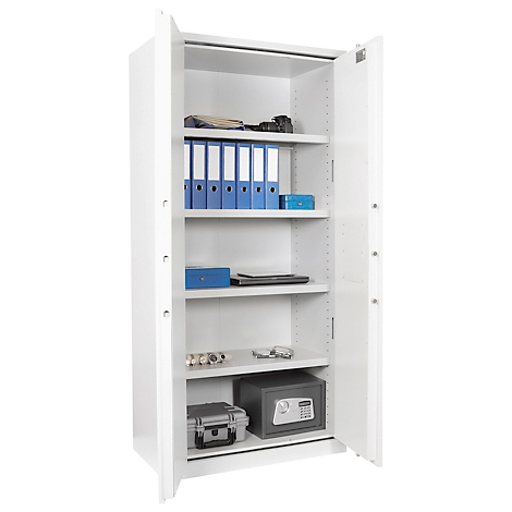 White steel cabinet, doors open. Interior shelves with binders, laptop, camera, jewelry, safe, and case. All against a white background.