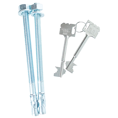 Two bolts with nuts and two keys against a white background.