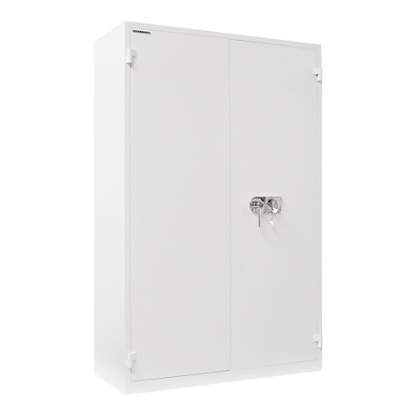 White steel cabinet with two doors and silver locks. It stands against a white background.