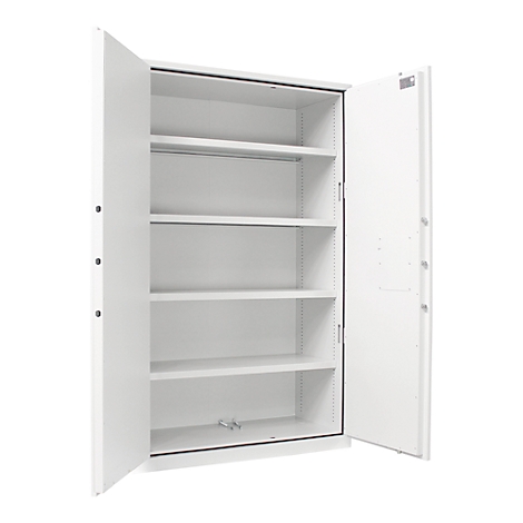 White steel cabinet with open doors and six shelves.