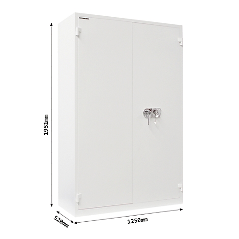 White steel cabinet, two-door, with lock and dimensions. 1951mm high, 1250mm wide, 520mm deep.