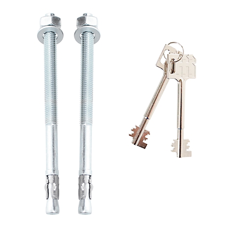 Two long bolts with nuts and washers next to two keys on a white background.