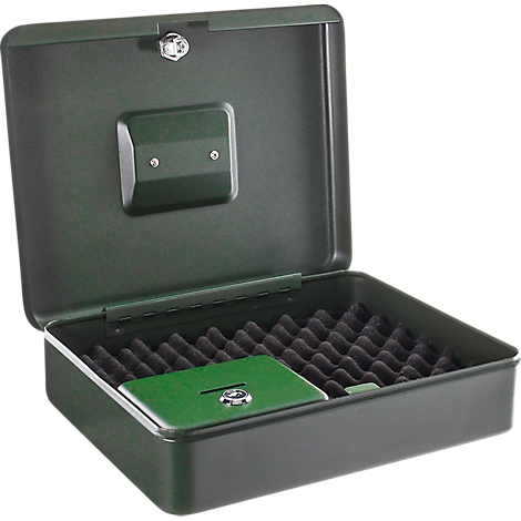 Open groene metalen kist met schuimvoering en groene slotdoos.