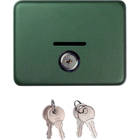 Groene metalen doos met sleutelgat en twee sets sleutels.