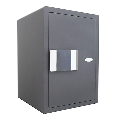 Gray safe on a white background. It has a digital control panel with buttons.